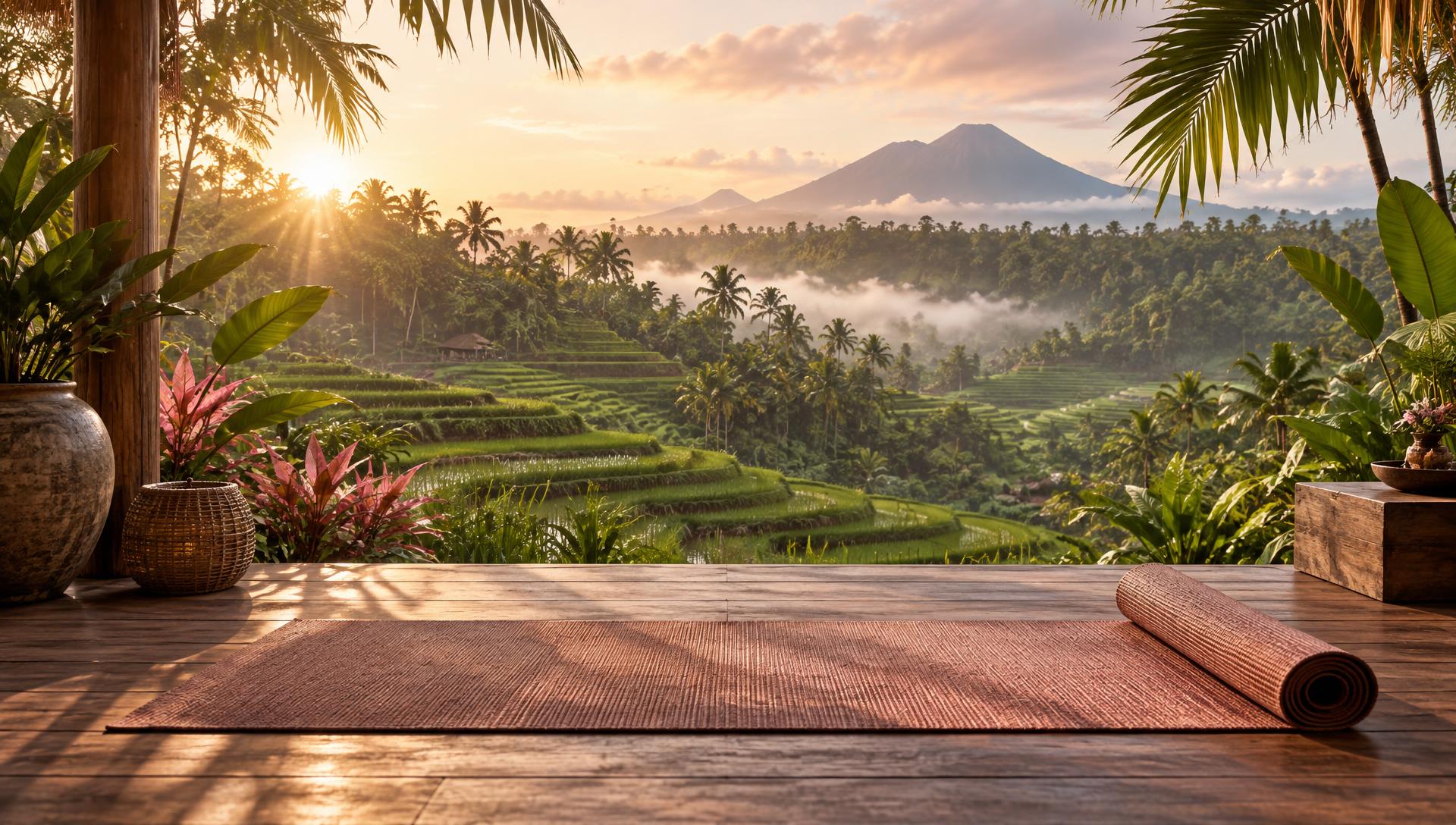 Serene Bali yoga deck with rice terraces and tropical sunrise